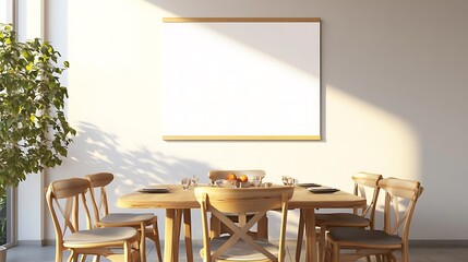 A minimalist dining room with a blank canvas, wooden chairs, and a table
