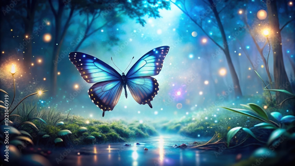 Aufkleber a luminous blue butterfly soars through a mystical forest, its wings illuminated by shimmering firef