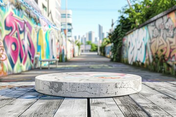 Obraz premium A 3D concrete podium mockup in a vibrant graffiti alley, showcasing urban art and surrounded by lively city elements, ideal for product display.