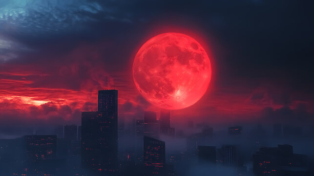 Red Moon Above Skyline: The red moon shining above a city skyline on a cloudy evening.