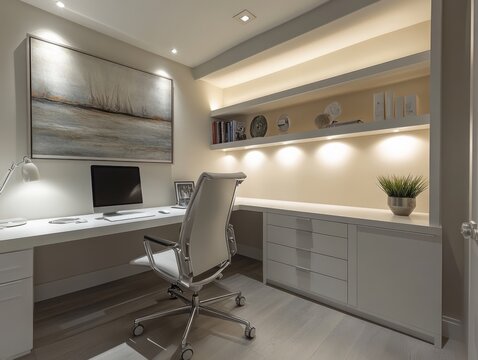 A sleek, modern basement office with a white desk, ergonomic chair, and built-in storage