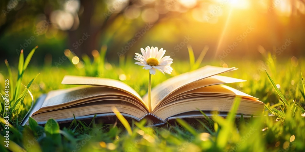 Poster a blooming daisy pushing through the pages of an open book, basking in the warm glow of the setting 