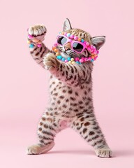 Fototapeta premium Playful cat in sunglasses and accessories dancing on a pink background.