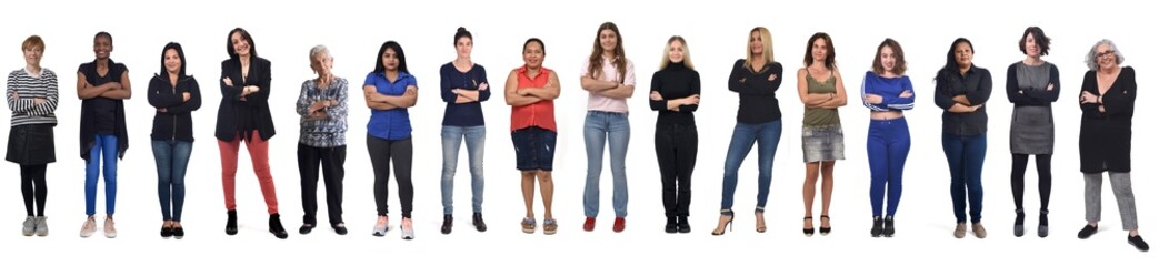 Obraz premium front view of large group of women arms crossed on white background