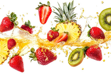 Vibrant fruits like strawberries, kiwi, and pineapple splashing into juice, isolated on white background.