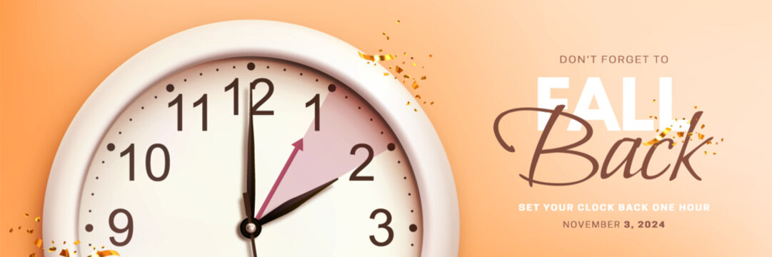 Daylight saving time ends. Fall back concept banner with decorative realistic wall clock and golden confetti on orange background. Design for poster, flyer, post in social media. Vector illustration