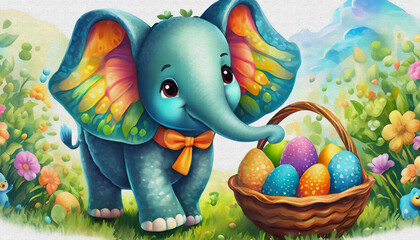 OIL PAINTING STYLE CARTOON CHARACTER ILLUSTRATION A closeup photo portrait of handsome a cute baby elephant  wits Easter colored eggs