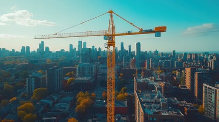Naklejka premium A bright yellow construction crane towering over a cityscape, representing growth and urban development.