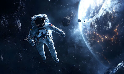 graphics of space, planets, and astronauts on a white background.