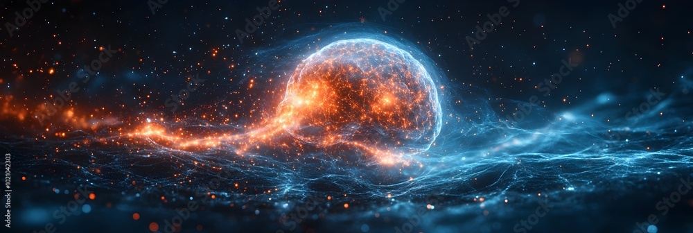 Poster Vibrant Cosmic Explosion - Glowing Celestial Supernova Illuminating the Vast Interstellar Expanse. Surreal and dynamic digital of a fiery stellar event in deep space.