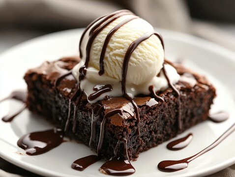 Decadent chocolate brownie topped with creamy vanilla ice cream and rich chocolate drizzle.