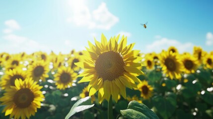 Obraz premium A bright yellow sunflower field in full bloom under a clear blue sky, with bees buzzing from flower to flower.
