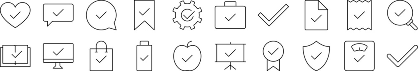Checkmark on Various Elements Outline Icon Collection. Editable Stroke. Perfect for Infographics, Articles, Books, Flyers, Banners © RaulAlmu