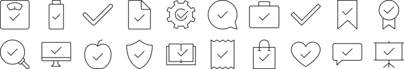 Checkmark on Various Elements Outline Image Collection. Editable Stroke. Perfect for Infographics, Articles, Books, Flyers, Banners