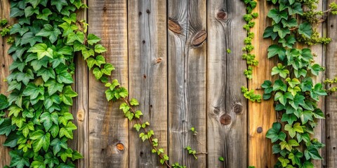 A close-up of a rustic wooden fence adorned with vibrant green ivy climbing its weathered surface