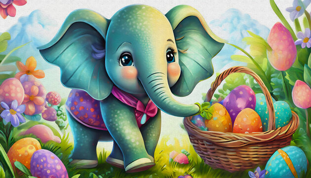 OIL PAINTING STYLE CARTOON CHARACTER ILLUSTRATION A closeup photo portrait of handsome a cute baby elephant  wits Easter colored eggs