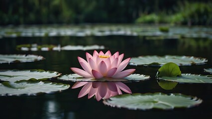 A single pink lotus flower floating on a still pond, surrounded by lush greenery, symbolizing mindfulness, purity, and inner peace.