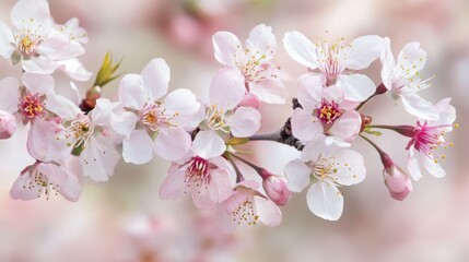 Naklejka premium Close-up of delicate pink cherry blossoms in full bloom against a soft background.