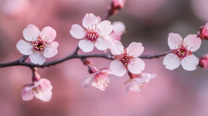 Obraz premium Delicate cherry blossoms in full bloom on a soft pink background.