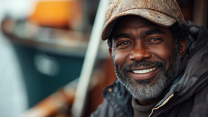 African American Black Man Fisherman - smiling man, happy man, laughter, portrait, bearded man, outdoors, casual clothing, hat, African descent, positive expression, coastal life