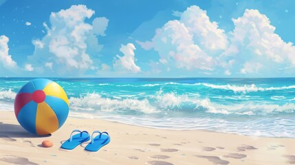 Obraz premium Summer vacation concept: flip-flops, beach ball, and snorkel on the sand.