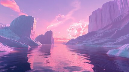 A calming 3D world of futuristic cliffs and glowing water, bathed in the pink light of a peaceful, zen-like sunset.