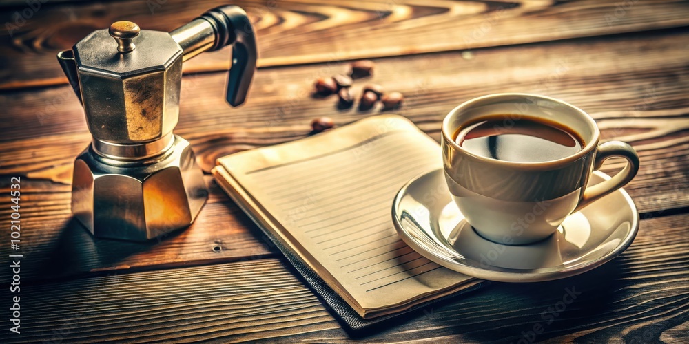 Poster a cup of coffee and a notebook on a rustic wooden table, a perfect setting for contemplation and cre