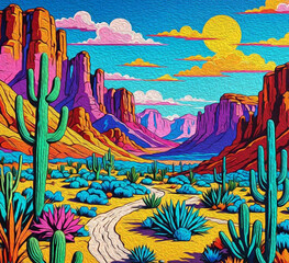 Oil paint. Landscape in the desert. Pattern for printing on wall decorations, covers