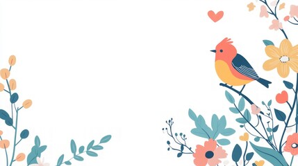 Colorful geometric design featuring decorative flowers, leaves, and a bird, ideal for wedding invitations with ample copy space for personalized text.