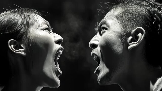 Close-up black and white scene shows a man and woman heatedly arguing, both expressing anger and frustration through their expressions. The moment captures emotions and interpersonal conflict vividly.