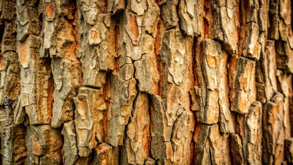 Poster closeup of rough, textured tree bark with deep cracks and flakes