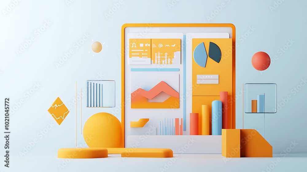 Poster abstract 3d rendering of colorful geometric shapes and data visualizations