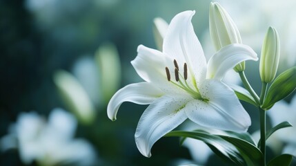 Fototapeta premium Close-up of a stunning white lily in bloom surrounded by lush green foliage.
