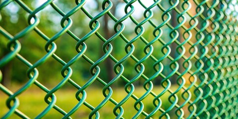 Fototapeta premium A close-up shot of a green chain-link fence with a blurry background of green foliage.
