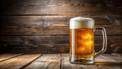 A frosty glass of golden beer rests on a rustic wooden table, inviting you to raise a toast.