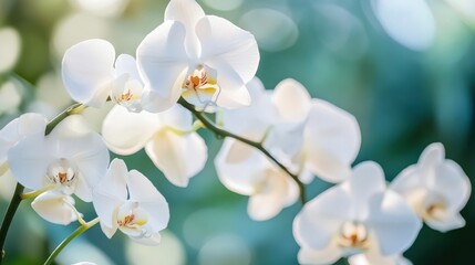 Fototapeta premium Delicate white orchids in bloom, illuminated by soft sunlight against a blurred green background.