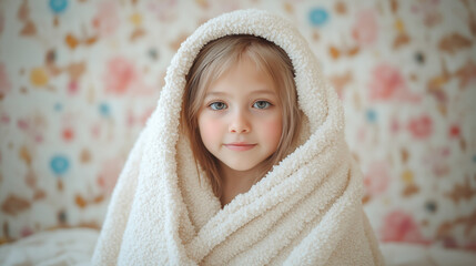 Cozy little girl wrapped in a fluffy blanket at home, enjoying a quiet moment indoors on a chilly day.
