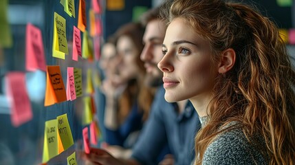 Business team building target People using post-its for brainstorming, no visible faces