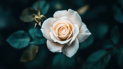 Elegant white rose blooming against a soft, dark green background.