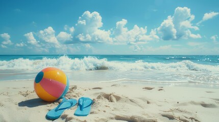Obraz premium Summer vacation concept: flip-flops, beach ball, and snorkel on the sand.