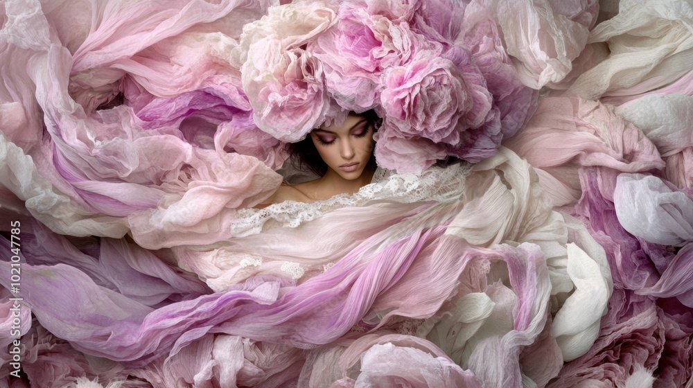 Poster A woman covered in pink and white fabric