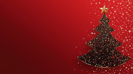 Vector decorated Christmas tree invitation card with copy space on red background.