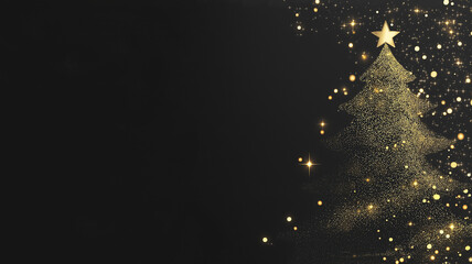 Bright Christmas tree banner, poster, postcard, card on black background with copy space.