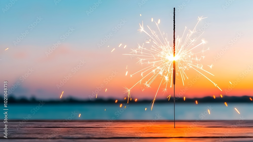 Poster sparkling sparkler glowing in the fading light of a sunset symbolizing the joyful and sense of freed