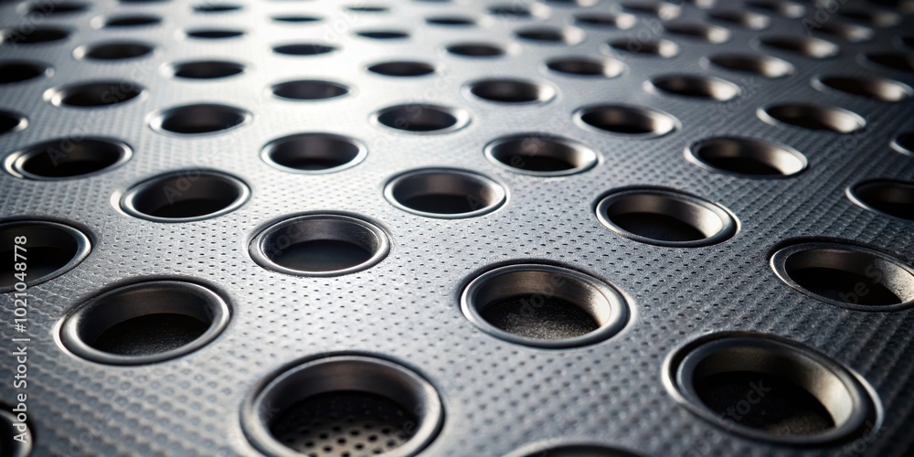 Leinwandbilder A grid of circular openings on a textured metal surface, creating a repeating pattern of light and shadow.