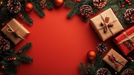 Christmas gifts and pine branches on red background with copy space