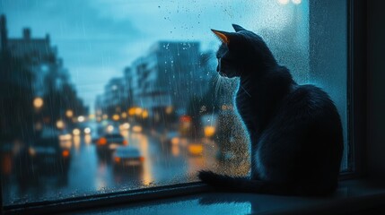 A cat sitting on a windowsill, gazing out at a rainy street with a calm expression