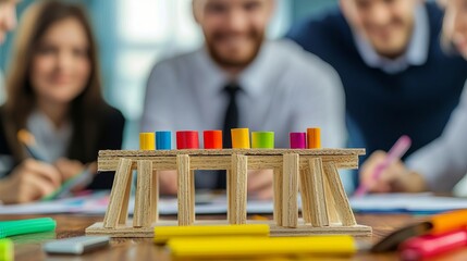 Business team building target Group building a bridge from office supplies, no visible faces