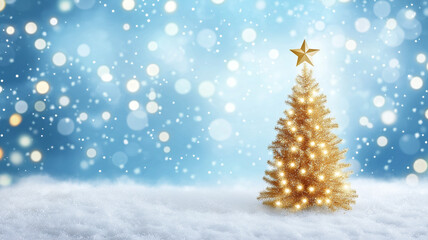 Obraz premium Golden Christmas tree in the snow on a shiny blue background with copy space