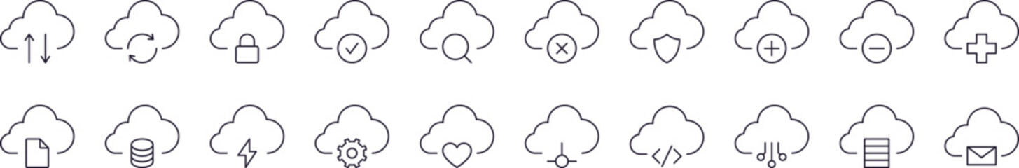Arrows, Lock, Check etc in Cloud Store Simple Icon Collection. Editable Stroke. Perfect for Infographics, Articles, Books, Flyers, Banners